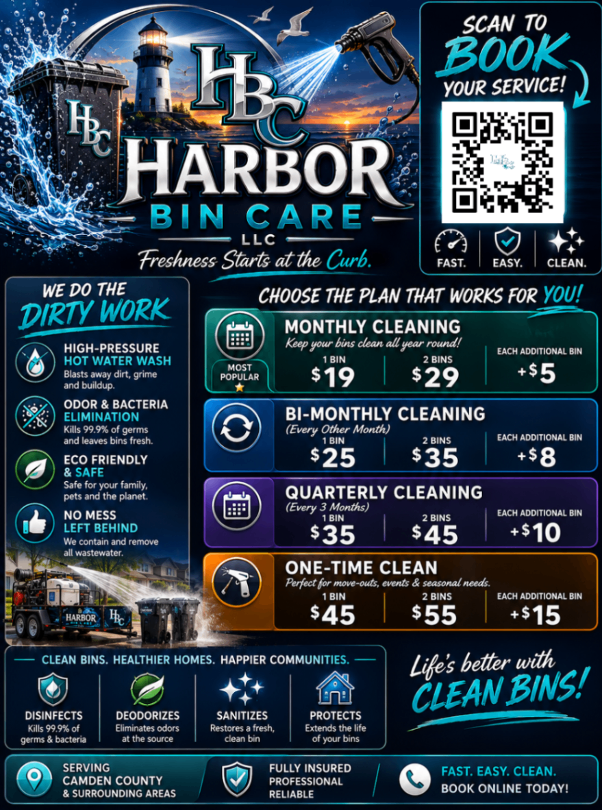 Harbor Bin Care LLC full pricing sheet with QR code to book